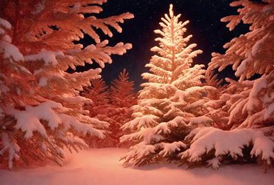 The primary subject of the image is a snow-covered Christmas tree. The tree is surrounded by a snowy forest, creating a serene and festive atmosphere. The setting is a winter landscape with snow-covered trees and a night sky. The visual style is a photo, capturing the beauty of the snowy forest and the illuminated Christmas tree. The colors and mood are predominantly white and cold, with the warm glow of the Christmas tree providing a touch of warmth and celebration.